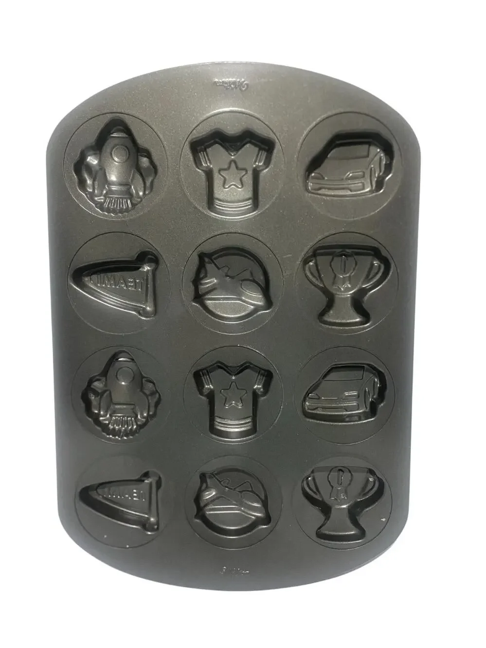 Wilton Ultra Bake 12-Cavity Cookie Mold Pan Car Rocket etc Boys Team Theme
